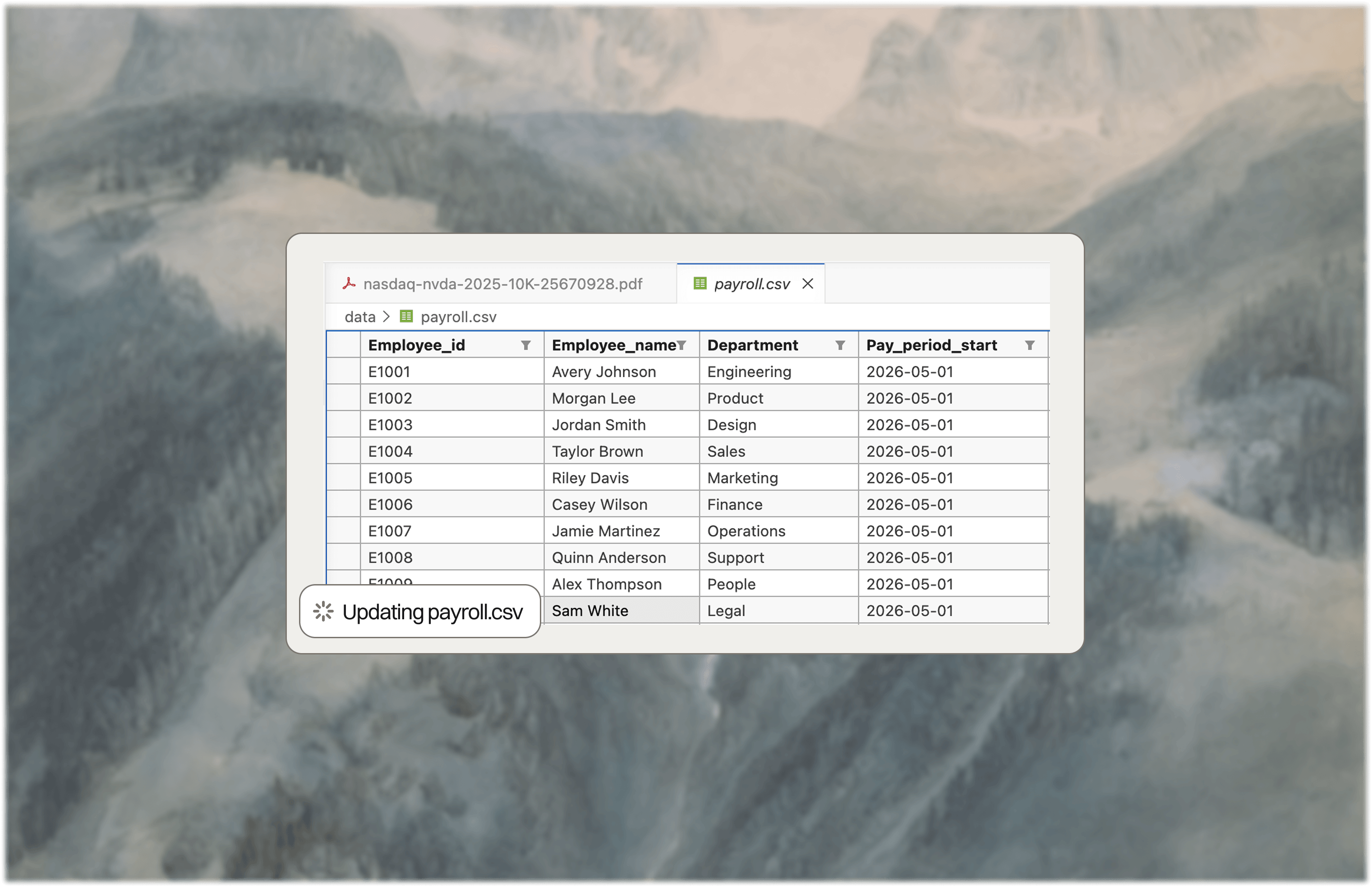 Numerus workspace updating a payroll file