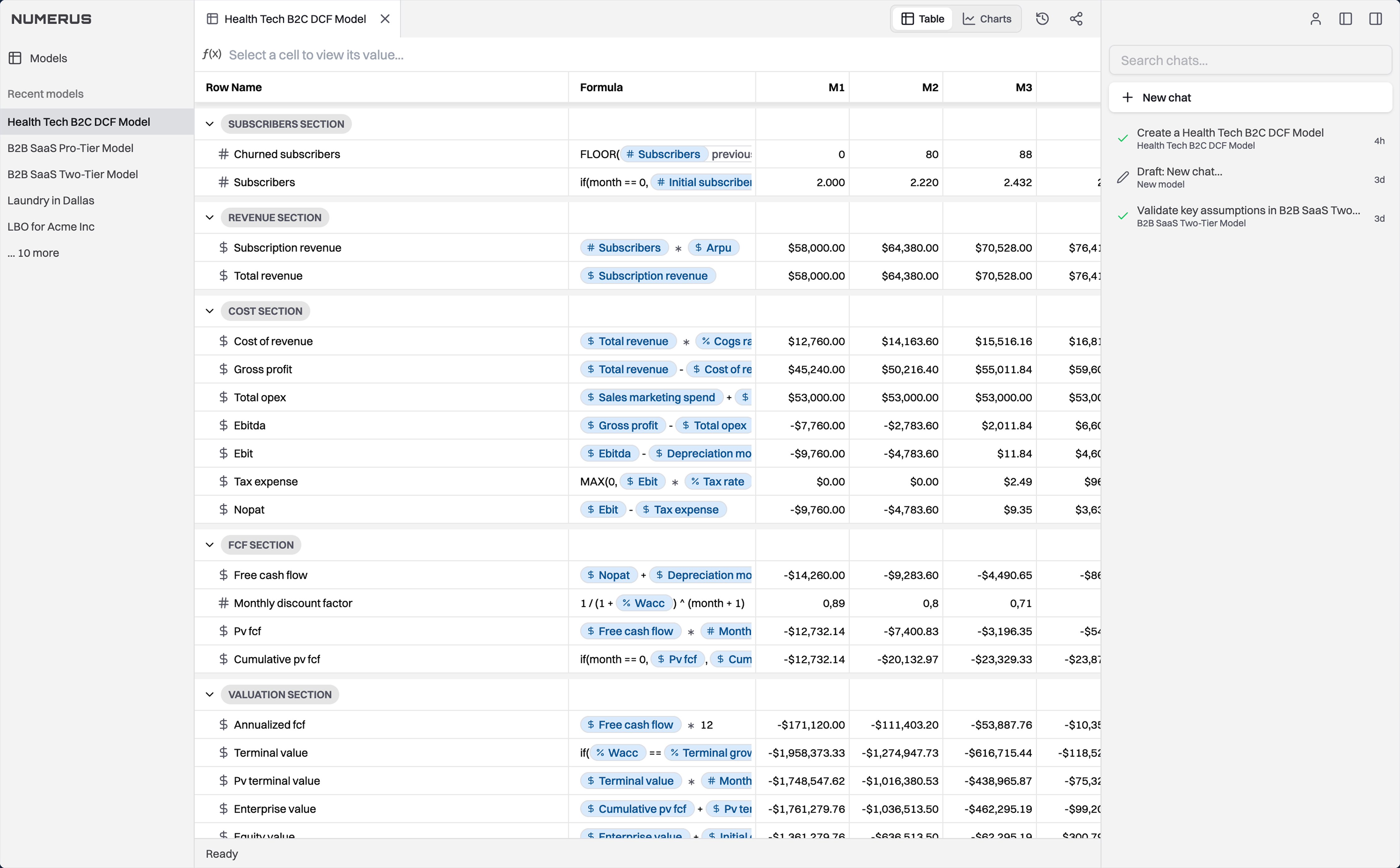 NUMERUS financial modeling interface